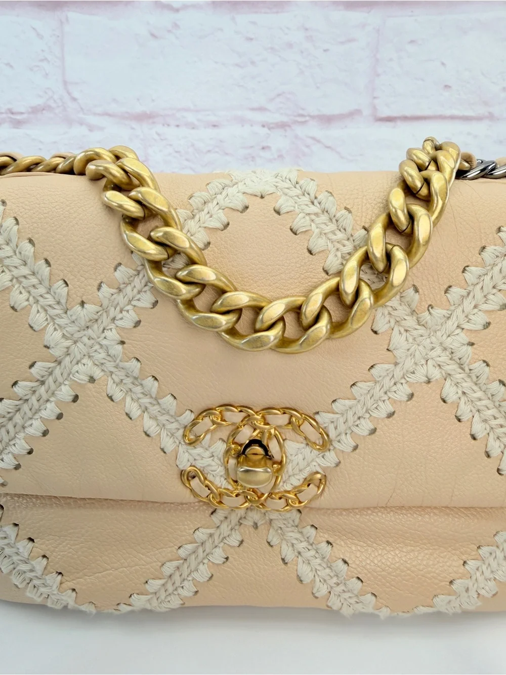 Chanel 19 Flap Medium Calfskin Crochet Shoulder Bag Beige